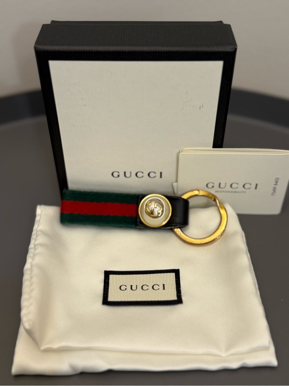Gucci Green and Red Stripe Key Ring with Gold Hardware